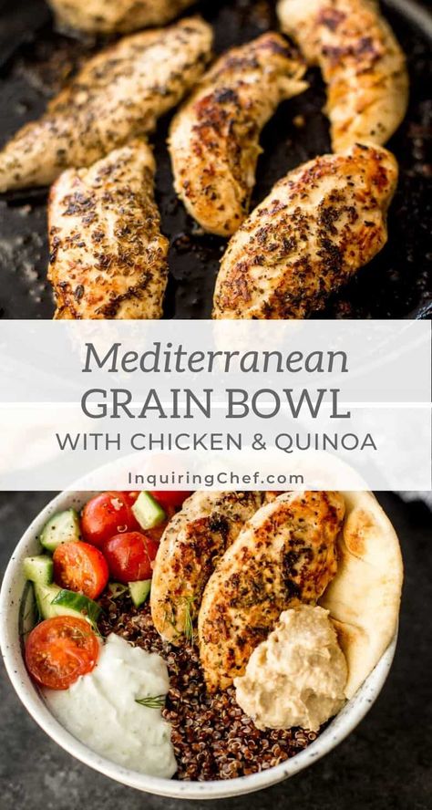 Cava Lemon Chicken Bowl Copycat, Meteranian Chicken Bowl, Mediterranean Chicken Quinoa Bowl, Meditarian Food, Chicken Mediterranean Bowl, Quinoa Chicken Recipes, Chicken And Quinoa Recipes, Chicken And Quinoa Bowl, Mediterranean Bowl Recipe