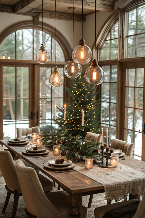 35 Neutral Christmas Decor for a Rustic Holiday Vibe Christmas Table Settings Natural, Christmas Decor Sunroom, Christmas Dining Table Decor Traditional, Moody Christmas Decor Living Room, Stylish Christmas Decorations, Christmas Modern Farmhouse Decor, Magnolia Home Christmas Decor, Dining Room Xmas Decor, Christmas Dining Room Decor Ideas