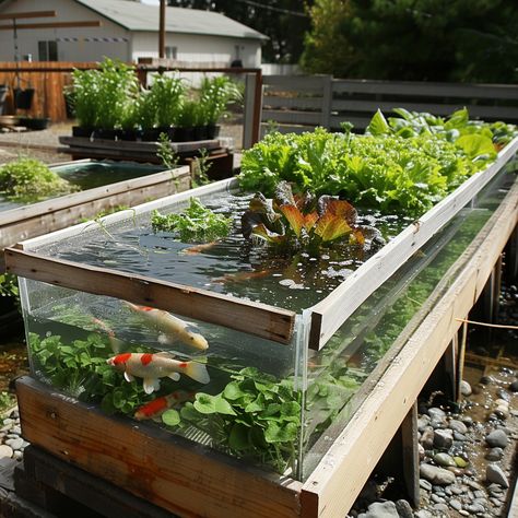 Raised Fish Pond, Hydroponic Aquarium, Aquaponics Aesthetic, Backyard Fish Farm, Aquaponic Greenhouse Design, Aquaponics Design, Fish Hydroponic Gardening, Aquaponic System, Home Aquaponics