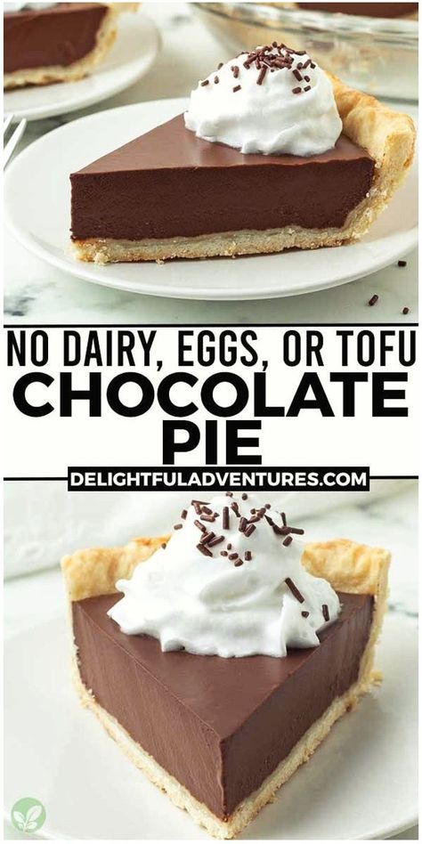 Indulge in this luscious, decadent, melt-in-your-mouth vegan chocolate pie, free from tofu, soy, nuts, and dairy! With just four ingredients and a few minutes, you can create this easy, plant-based dessert. Opt for a homemade or store-bought crust (regular or gluten-free). Everyone will be amazed by this creamy, impressive vegan treat that's simpler to make than it looks. Dairy Free Pie Recipes, Vegan Chocolate Pie Recipe, Gluten Free Chocolate Pie, Dairy Free Chocolate Dessert, Vegan Chocolate Pie, Lactose Free Desserts, Dairy Free Pies, Soy Free Desserts, Dairy Free Thanksgiving