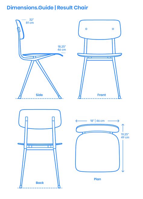 Designed by Dutch designers Friso Kramer and Wim Rietveld (1958), the Result Chair has a sheet steel frame that supports a molded plywood seat and back covered in lacquered or stained oak veneer. The Result Chair has stood the test of time remaining an icon of classrooms around the globe. Downloads online #furniture #chairs #design Standard Chair Dimensions, Chair Elevation Drawing, Chair Blueprint, Woodworking Blueprints, Furniture Design Sketches, Chairs Design, Elevation Drawing, Furniture Dimensions, Furniture Details Design