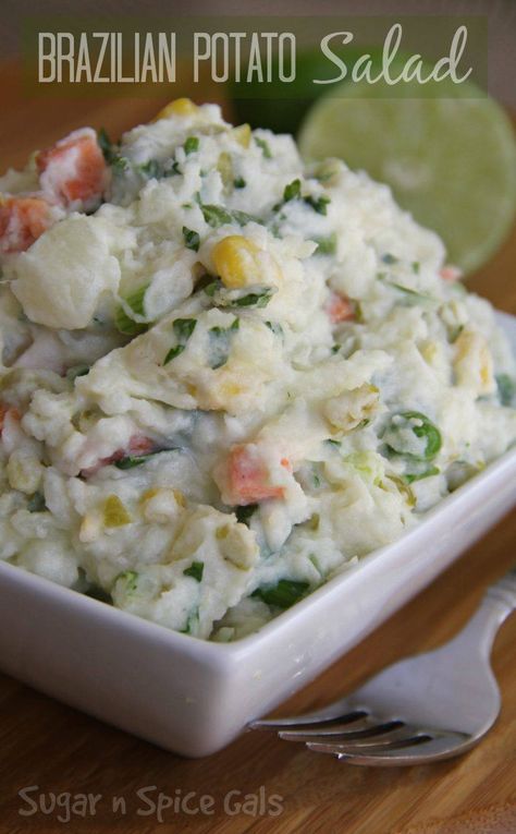 Brazilian potato salad recipe Portuguese Potato Salad, Brazilian Potato Salad, Brazilian Vegetable Side Dishes, Brazilian Potato Salad Recipe, Brazilian Side Dishes, Brazilian Salad, Everything Salad, Brazil Food, Brazilian Recipes