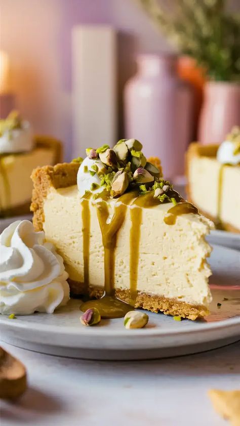 The Most Delicious Pistachio Cheesecake Recipe Honey Pistachio Cheesecake, Pistachio Pudding Cheesecake, Pistachio Ricotta Cheesecake, Cheesecake Recipes Pistachio, White Chocolate Pistachio Cheesecake, Easy Pistachio Cheesecake, No Bake Pistachio Cheesecake, Pistachio Dacquoise, Pistachio Cheesecake Recipe