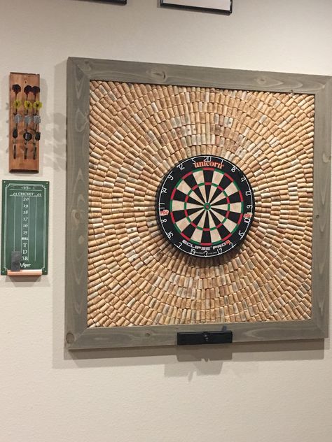 Cork Board Dart Board, Indoor Dart Board Ideas, Cork Dartboard Backboard, Dart Room Ideas, Cork Dartboard, Dart Board Wall, Minwax Stain Colors, Game Room Ideas, Home Bar Ideas