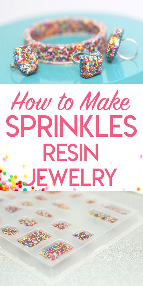 Tutorial for making sprinkles rings, necklaces, and bracelets using real sprinkles and epoxy resin. Making Sprinkles, Resin Jewelry Tutorial, Diy Resin Earrings, Resin Jewlery, How To Make Resin, Epoxy Resin Diy, Resin Crafts Tutorial, Diy Resin Projects, Resin Jewelry Diy