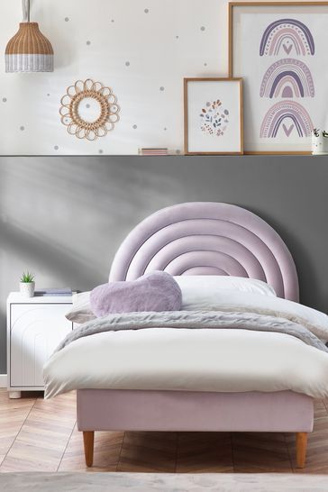 Opulent Velvet Blush Pink Rainbow Kids Upholstered Bed Frame Purple Upholstered Bed, Room For 10 Year Girl, Bedroom Lilac, Rainbow Bedroom Decor, Purple Kids Room, Lilac Bedroom, Pastel Furniture, Cushioned Headboard, Rainbow Bedroom