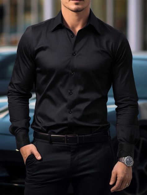 Men's Button-Down Long-Sleeved Slim Fit Business Mature Style Trendy Charm Shirt Black Work  Long Sleeve Polyester Plain Shirt Slight Stretch  Men Clothing, size features are:Bust: ,Length: ,Sleeve Length: Black Formals For Men, Black Button Up Shirt Outfit Men Formal, Black Shirt Blue Jeans Outfit Men, All Black Dress Outfit Men, All Black Wedding Guest Outfit Men, Black Dress Shirt Outfit Men, Trendy Mens Fashion Casual Outfit, Black Button Up Shirt Outfit Men, Men Button Up Shirt Outfit