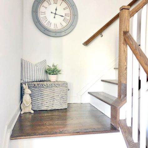 Stairway Landing Decor, Staircase Landing Decor, Stair Landing Decor, Landing Decor, Stairs Trim, Warm Grey Walls, Rustic Wood Doors, Small Staircase, Staircase Landing