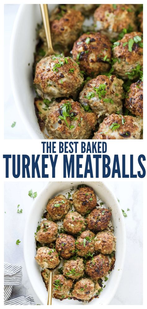 These baked garlic-parmesan turkey meatballs with a sprinkle of fresh parsley are guaranteed the best meatballs you'll ever make! They're perfectly juicy on the inside and go beautifully with your favorite pasta! You can also make them with ground chicken, pork, or beef. #meatballdinner #italianrecipe #turkeymeatballs #homemademeatballs #groundturkey #turkeyrecipes #pastanight Sage Turkey Meatballs, Pork Turkey Meatballs, Turkey Meatball Bowl Recipes, Keto Turkey Meatballs Baked, Jalapeño Turkey Meatballs, Easy Turkey Meatball Recipes, Ground Turkey Italian Meatballs, Chicken Or Turkey Meatballs, Turkey And Chicken Meatballs