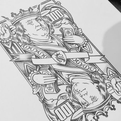 The final comp of the new “Cash Is King” design. The previous 5 posts showed the start of an idea turned into sketch; somewhat simple and… Cash Is King Tattoo, Cash Tattoo Money, Money Tattoo Ideas For Men, King Card Tattoo, King Tattoo Design, Cash Is King, Chicano Tattoos Sleeve, Card Tattoo Designs, Aztec Tattoo Designs