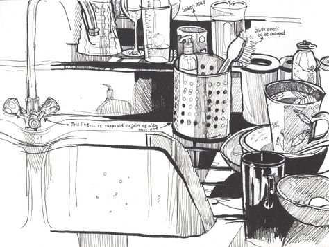 Croquis, Messy Kitchen Illustration, Messy Kitchen Drawing, Bathroom Illustration, Drawing With Pen, Kitchen Drawing, Messy Kitchen, Observational Drawing, Still Life Drawing