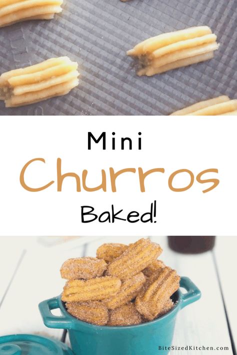 Baked mini churros in the oven! Baked Churro Donut Recipes, Small Batch Churros, Churros Recipe Oven Baked, Easy Oven Snacks, Easy Oven Desserts, Oven Baked Churros, Oven Baked Churros Recipes, Baked Churros Recipe Easy, Diy Easy Bake Oven Recipes