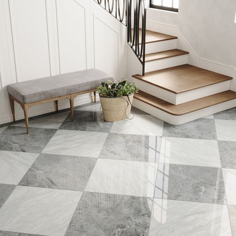 Step into the world of elegance and luxury with Chantel, our marble look porcelain tile collection. Chantel, meaning stone in French, replicates natures most opulent stones but features the strength and durability benefits of porcelain. This collection is available in both matte and polished finishes, 4 neutral colors, 4 sizes (24x48, 24x24, 12x24 and 3x12) as well as a coordinating hexagon mosaic and herringbone mosaic. Elevate your home with the beauty of marble combined with the low-maintenan White Grey Tile Floor, White Marble Entryway Floor, Modern Checkerboard Floor, Porcelain Bathroom Tile Floor, Checkerboard Tile Floor Mudroom, Checkerboard Tile Floor Kitchen, Porcelain Kitchen Floors, Checkerboard Vinyl Flooring, Fun Entryway Tile