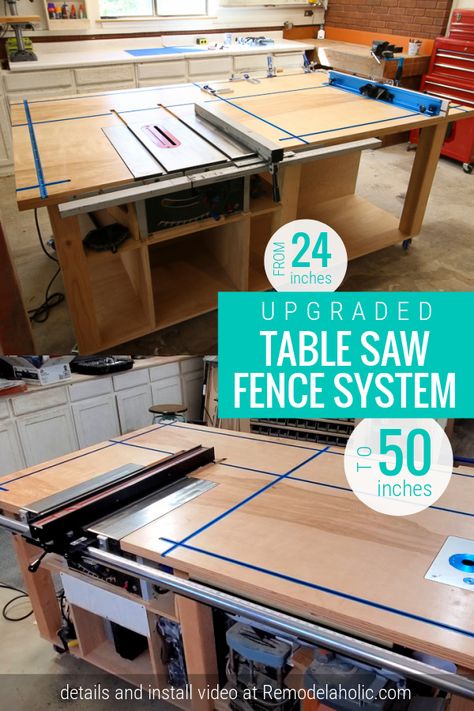 See how I upgraded from my standard 24" table saw fence to this 50" table saw fence system on my DIY table saw workbench with T-tracks. #tablesaw #rockler #workbench Tablesaw Fence Diy, Diy Rip Fence For Table Saw, Table Saw Table, Delta Table Saw, Home Made Table Saw, Workbench Table, Jigsaw Table, Mitre Saw Stand, Table Saw Workbench