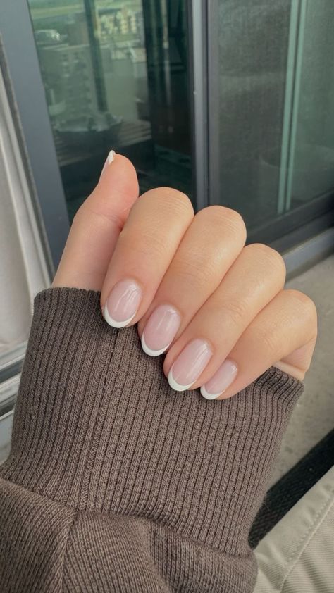 Neutral Almond Nails French Tip, Very Short Almond French Tip Nails, French Nails In Short Nails, Tiny French Tip Nails Almond, Short Almost French Nails, Short Nail Inspo Neutral, Short French Tip Polygel Nails, French Nails Almond Shape Short, French Vs American Nails