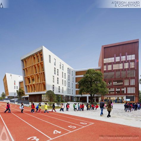 A' Design Award and Competition - Images of Hefei No.45 Middle School Fu Rong Campus by Leigh & Orange Limited Middle School Architecture, School Building Design, College Architecture, Hospital Architecture, University Architecture, Architecture Sketchbook, School Campus, Modern Exterior House Designs, Architecture Awards