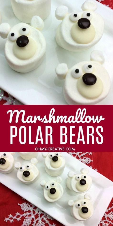 Adorable Marshmallow Polar Bear Craft Treats for Hot Chocolate | OHMY-CREATIVE.COM | Polar Bear Marshmallows | Polar Bear Hot Chocolate | Christmas Treats | Polar Bear Crafts #PolarBears #PolarBearMarshmallows #Christmas #ChristmasTreats #HotChocolate #Ma Non Chocolate Christmas Treats, Bear Marshmallow, Christmas Marshmallows, Polar Bear Craft, Bear Craft, Marshmallow Treats, Winter Treats, Chocolate Christmas, Recipes With Marshmallows