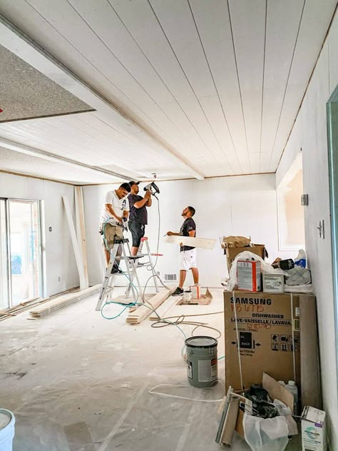 Benefits of Shiplapping a Popcorn Ceiling Beadboard Over Popcorn Ceiling, Ideas For Covering Popcorn Ceilings, Diy Cover Popcorn Ceiling, Kitchen Shiplap Ceiling, Plank Over Popcorn Ceiling, Cover Popcorn Ceiling Ideas, Covering Textured Ceilings, Hide Popcorn Ceiling Cheap, Kitchen With Shiplap Ceiling