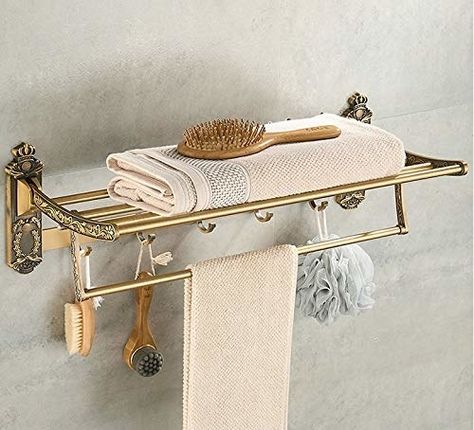 This antique metallic towel holder that will make your bathroom feel like a fancy hotel room - ₹1,999 Folding Towels, Bath Towel Racks, Shelf With Hooks, Towel Shelf, Towel Stand, Towel Rod, Towel Organization, Towel Holder Bathroom, Hand Towel Holder