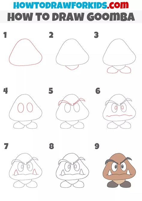 How to Draw Goomba - Easy Drawing Tutorial For Kids Mario Kart Drawing Easy, How To Make A Cartoon Character, Sonic Step By Step Drawing, How To Draw Mario Characters Step By Step, Learn How To Draw Step By Step, Mario Drawing Easy Step By Step, How To Draw Super Mario Characters, How To Draw Luigi, Mario Characters Drawing Easy