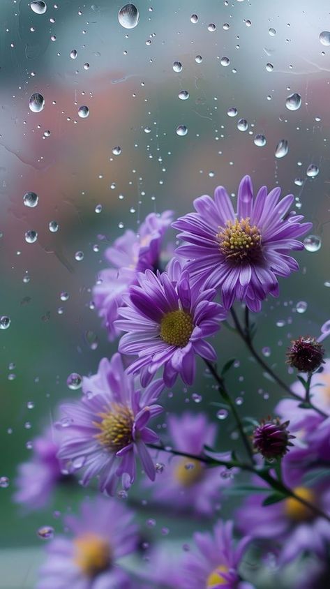 Rain And Flowers Aesthetic, Aster Flower Wallpaper, Rain Iphone Wallpaper, Flowers In The Rain, Cell Wallpaper, Rain Night, Flower Rain, Rainy Wallpaper, Android Wallpaper Art