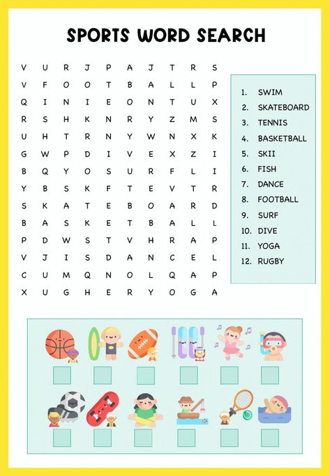 Summer Sports Activities For Kids, Sports Activity For Kids Preschool, Sports Worksheets Preschool, Sports Worksheets For Kids, Sport Activities For Kids, Sport Vocabulary, Sports Word Search, Sport For Kids, Sports For Kids