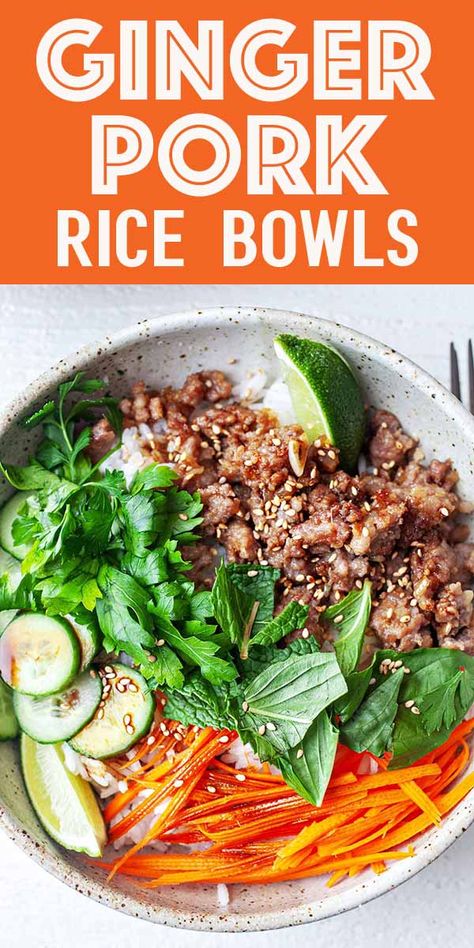 Pork Rice Bowl Recipe, Pork Rice Bowls, Balanced Dinner, Balanced Lunch, Thai Pork, Ginger Pork, Healthy Bowls Recipes, Rice Bowls Recipes, Filling Dinner