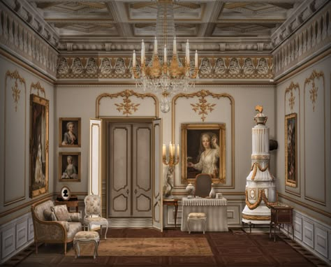 Sims 4 Palace Interior, Sims 4 Palace, Bloxburg Palace, Noble Aesthetic, Royal Bathroom, Royal Room, Royal Bedroom, Sims Medieval, Rococo Furniture