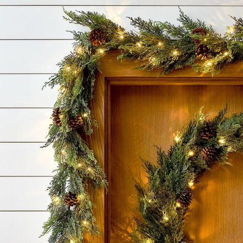 Pre-Lit Faux Cypress Pine Wreath & Garland | West Elm Diy Christmas Mantel Decor, Elf On The Shelf Arrival, Cypress Pine, Christmas Entry, Wreath Garland, Pine Garland, Christmas Tours, Pine Wreath, Bedroom Decor Inspiration