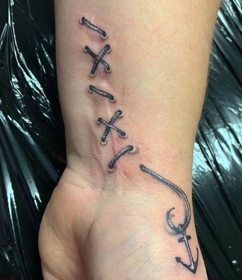 Stitches Tattoo Design, Arm Scar Tattoo, Stitching Tattoo, Medicine Tattoo Ideas, Stitches Tattoo, Zipper Tattoo, Tattoo On Face, Apocalypse Tattoo, Tattoo Peeling