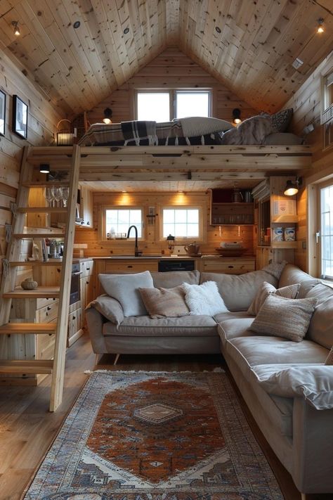 Cabin Loft Ideas, Tiny Cabin With Loft, Cabin Loft Over Kitchen, Cabin With Loft Floor Plans, Log Home Loft Bedroom, Tiny House Reading Loft, Rustic Tiny House Cabin Loft, Tiny Cabin Loft Stairs, Loft Cabin