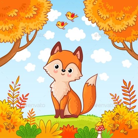 Fox Sits in a Clearing in the Forest The fox sits in a clearing in the forest. Cute animal. Vector illustration with  #Sits, #Fox, #Forest, #Clearing Fox Drawing Sketches, Cute Animal Vector, Animal Vector Illustration, Forest Drawing, Animal Vector, Art Fox, Fox Drawing, Art Mignon, Fox Illustration