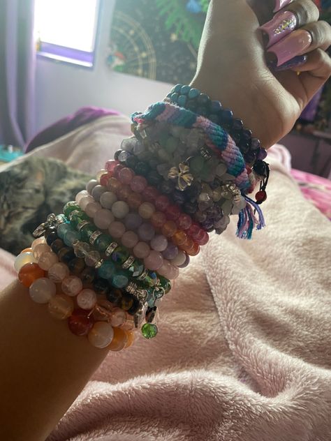 Wrist With Bracelets, Nails And Bracelets, Bunch Of Bracelets On Wrist, Bracelet Collection Aesthetic, Beaded Bracelets Stacked, Bracelet Asethic, Y2k Bracelets Aesthetic, Pinterest Wrist Bracelets, Wrist Full Of Bracelets