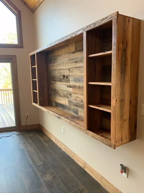 Floating Shelves For Entertainment Center, Entertainment Center Under Mounted Tv, Video Game Entertainment Center, Floating Tv Ideas, Reclaimed Wood Entertainment Center, Floating Wall Entertainment Center, Wood Wall Tv Mount, Diy Large Tv Stand, Diy Wall Unit Entertainment Center