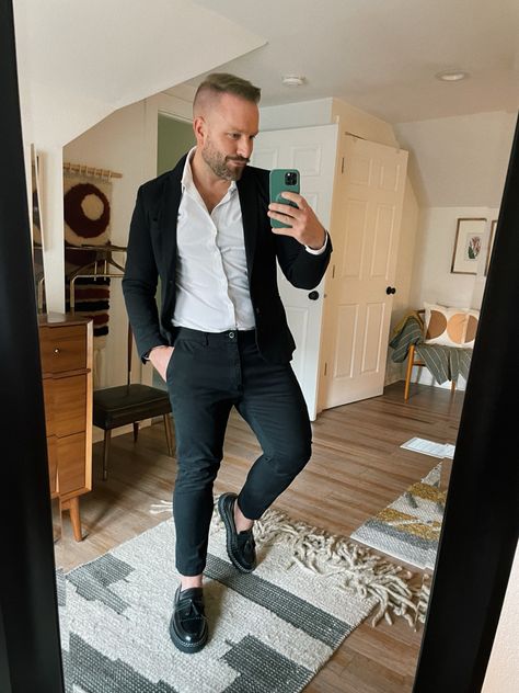 Man taking a mirror selfie wearing a black suit, white shirt, with black leather loafers Black Loafers Outfit Man, Black Wedding Loafers With Leather Sole, Timeless Black Formal Loafers, Men’s Black Loafers Outfit, Masculine Goodyear Welted Loafers For Semi-formal Events, Men Formal Outfit, Casual Basics, Men Formal, Formal Outfit