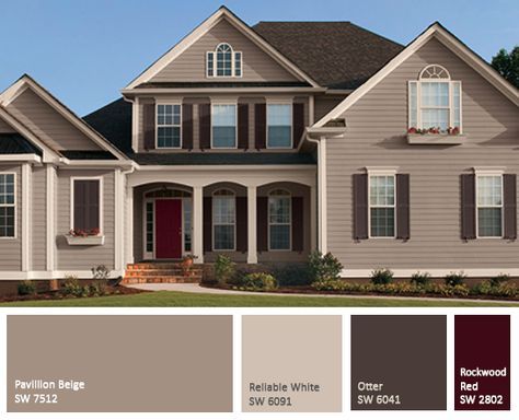 Beige brown and red exterior paint trend 2015 Brown Siding, Neutral House, Exterior Paint Combinations, Brown Roofs, Exterior Paint Color Combinations, Exterior Paint Schemes, Exterior Color Palette, Best Exterior Paint, Glass Railings