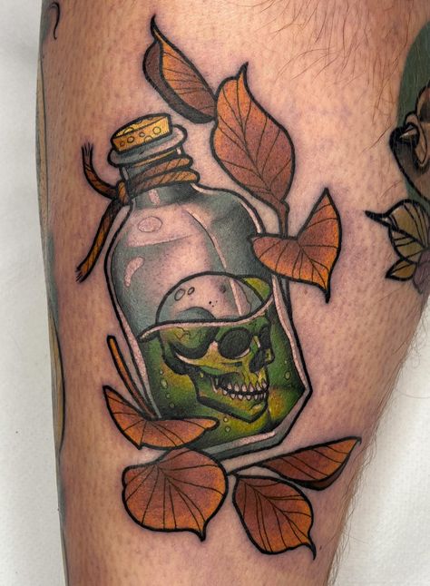 Small Neo Traditional Tattoo, 500 Tattoo, Trad Tattoos, Poison Bottle, Bright Tattoos, Petit Tattoo, Bottle Tattoo, Cool Forearm Tattoos, Tattoo Care