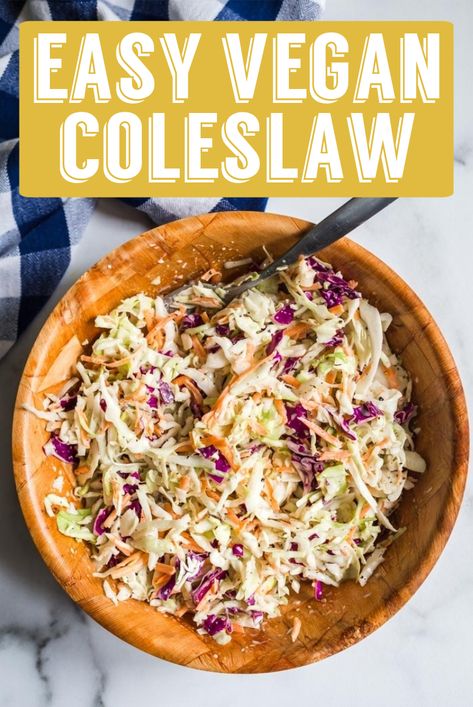 Vegan Coleslaw- this easy recipe is a classic summer dish that's perfect for parties, potlucks, and just everyday meals. Great on it's own or topped on sandwiches! The coleslaw dressing is delicious! #vegan #veganrecipe #summercooking Vegan Coleslaw Dressing, Easy Vegan Coleslaw, Vegan Coleslaw Recipe, Cabbage Vegan, Salads Vegan, Coleslaw Recipes, Vegan Crockpot Recipes, Easy Coleslaw, Vegan Coleslaw