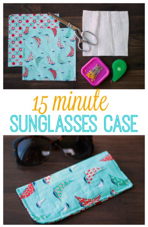 Make a sunglasses case in 15 minutes to keep in your pool bag or purse this summer! A great use of scrap fabric and a practical way to keep sunglasses scratch-free! What's in your pool bag? Glasses Cases To Sew, Diy Sunglasses Case, Fabric Scrap Projects, Syprosjekter For Nybegynnere, Glass Cases, Pool Bag, Sew Projects, Scrap Fabric Projects, Glasses Cases