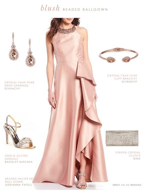 Formal or wedding outfit with a blush pink ball gown  #weddingoutfits #weddingguest #springwedding Pink Gown Elegant, Beaded Neckline Dress, Pink Evening Gowns, Pink Satin Dress, Gorgeous Bridesmaid Dresses, Pink Ball Gown, Blush Gown, Beaded Neckline, Pink Formal Dresses