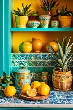 Colorful Kitchen Backsplash, Vintage Lemonade, Colorful Kitchens, Kitchen Color Yellow, Kitchen Design Farmhouse, Yellow Kitchen Cabinets, Turquoise Cabinets, Arizona Decor, Color Combinations Home