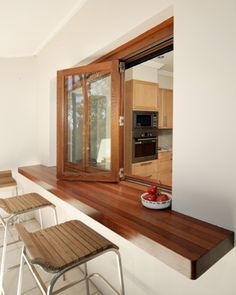 Bifold windows for servery Love the wooden top- not sure it'll go with decking tho? Unless go very pale timber? Window Servery, Bifold Windows, Flip Kitchen, Pass Through Kitchen, Kitchen Window Bar, Kitchen Pass Through, Kitchen Pass, Pass Through Window, Kitchen Window Design