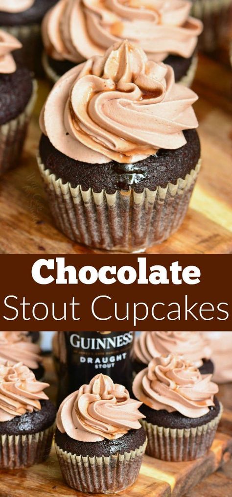 Chocolate Stout Cupcakes are deep, dark stout beer infused cupcakes, topped with chocolate whipped cream frosting, and a drizzle of stout glaze on top. #dessert #cupcakes #cake #chocolate #stout #frosting #whippedcream Beer Infused Cupcakes, Beer Cakes For Men, Drunken Cupcakes, Boozy Cakes, Beer Dessert, Chocolate Whipped Cream Frosting, Boozy Baking, Beer Cupcakes, Boozy Treats