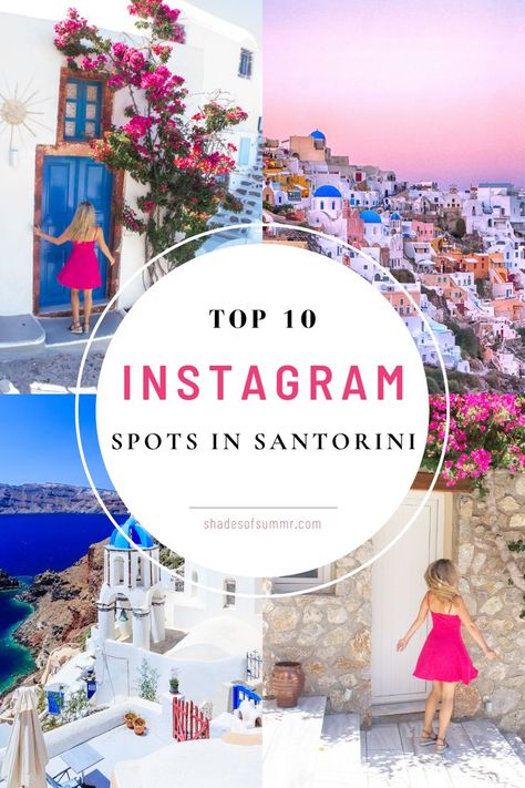 collage of four pictures from santorini all in a pink, blue and white theme with a text top 10 instagram spots in santorini Fira Greece, Grecia Santorini, Fira Santorini, Greek Island Hopping, Best Instagram Photos, Santorini Wedding, Mediterranean Cruise, Amazing Pictures, Instagram Worthy