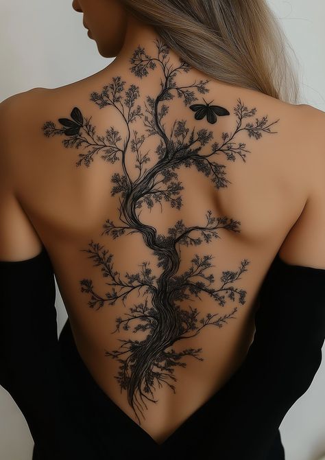 Explore Unique Tattoo Designs and Care Guides at Skin Canvas Designs | Skin Canvas Designs Back Tattoo Women Classy, Full Back Tree Tattoo Women, Selves Tattoo Women, Tree Of Life Full Back Tattoo, Back Of Neck Tree Tattoo, Cherry Tree Tattoo Back, Back Tattoo Women Greek Mythology, Woman Atlas Tattoo, Vines Tattoo Back