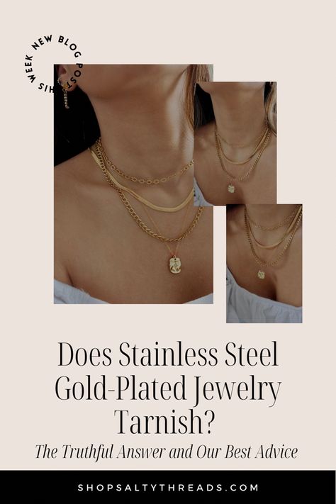 Discover everything you need to know about high-quality stainless steel jewelry and find out if your favorite plated stainless steel jewelry will tarnish over time. In this post we will address the never-ending question of whether stainless steel jewelry fades or ages over time. Also, we'll offer our top tips for preserving your pieces so you may continue to enjoy it for years to come. Gold Plated Stainless Steel Jewelry, Tarnished Jewelry, Stainless Steal, Best Advice, Content Ideas, Jewelry Business, Stainless Steel Rings, Types Of Rings, Steel Jewelry