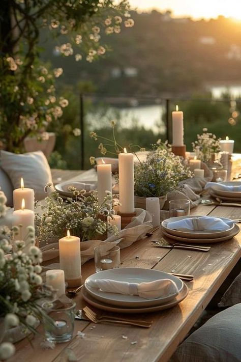 Table Settings For Home Staging, Spring Wedding Table Decor Ideas, Mediterranean Dinner Table Decor, Garden Table Set Up, Picnic Table Decor Wedding, Fancy Backyard Dinner Party, Wedding Decoration Outdoors, Outdoor Dining Party, White And Green Wedding Decor Reception Ideas