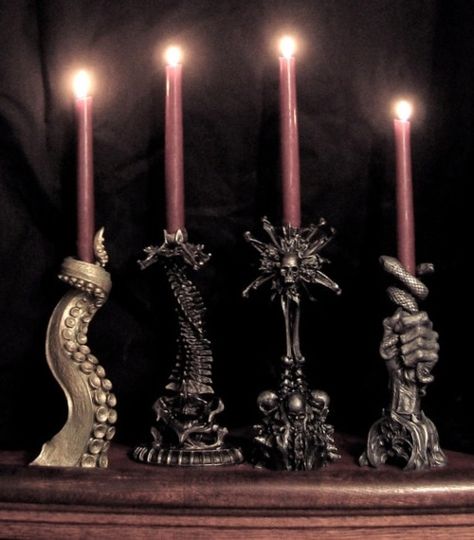 Gothic candlestick holders Creepy Candles, Uhyggelig Halloween, Gothic Candle Holder, Gothic Candles, Gothic Furniture, Decor Ikea, Goth Home, Goth Home Decor, Dark Home