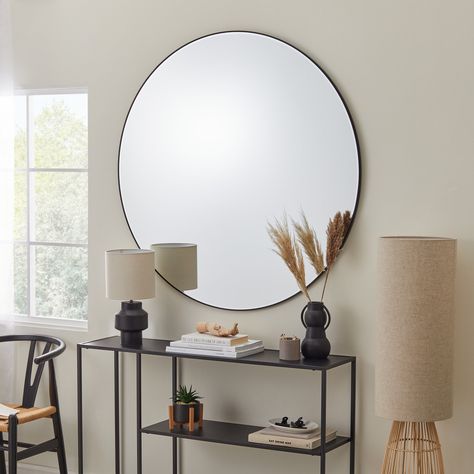 Circular Mirror Living Room, Room Decor Bedroom Minimalist, Round Wall Mirror Decor, Round Mirror Decor Ideas, Round Mirror Living Room, Lounge Mirror, Apartment Mirror, Uni House, Lounge Mirrors