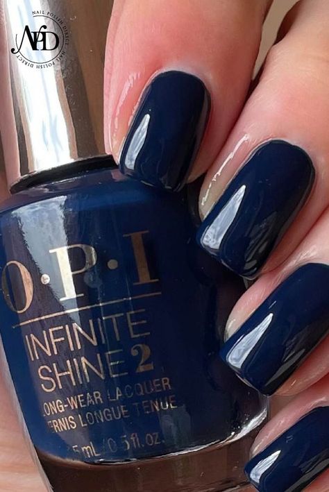 Described as a creamy navy. Beautiful like the night sky. 🌙 @opi shade "Midnight Mantra" 📷 @polishobsessed Shop Now on Nail Polish Direct with Free UK Delivery on all orders and Next Day Delivery available too! Opi Blue Nail Polish Shades, Dark Nail Polish Aesthetic, Midnight Blue Nails Short, Opi Midnight Mantra, Midnight Mantra Opi, Blue Nail Polish Aesthetic, Navy Blue Nails Aesthetic, Navy Blue Dip Powder Nails, Blue Nails For Prom